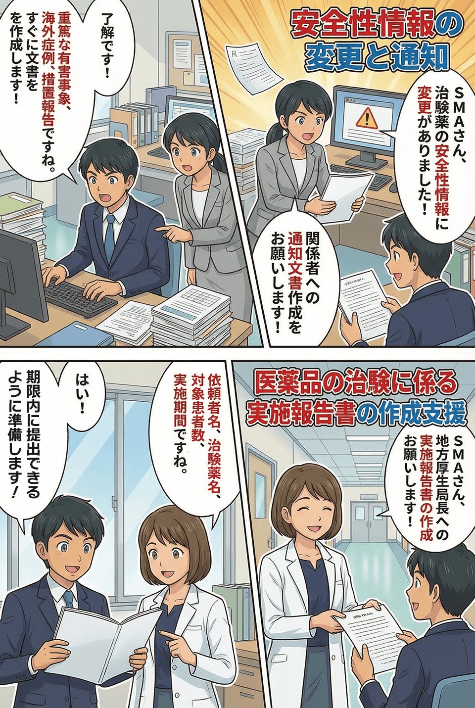 マンガでわかる安全性情報の変更と通知、医薬品の治験による実施報告書の作成支援